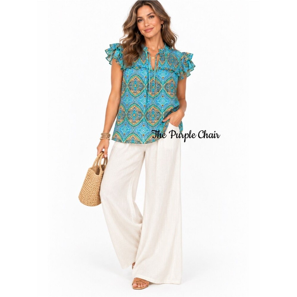 CURRENT AIR ANTHROPOLOGIE NWT Blue Multi Print Linen Blend Flutter Sleeve Top S